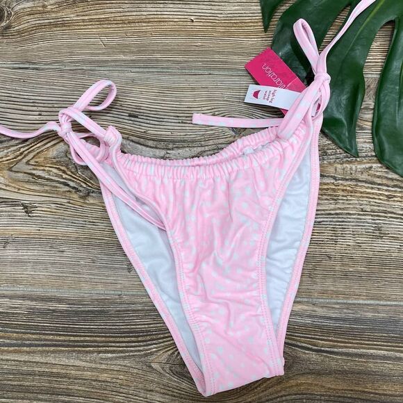 Target Xhilaration pink polka dot Shirred Side-Tie High Leg Scoop Bikini Bottom - Picture 3 of 7
